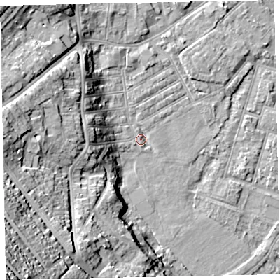 Shaded relief map of the ground around EX29DD, computed from Environment Agency LiDAR. The ground here sits at about 8 m above sea level and falls 46 m across the surrounding 800 m. Surface water reaching this point runs off ground lying to the west, 19.2 m higher.