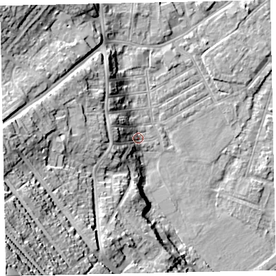 Shaded relief map of the ground around EX29DF, computed from Environment Agency LiDAR. The ground here sits at about 9 m above sea level and falls 54 m across the surrounding 800 m. Surface water reaching this point runs off ground lying to the west-north-west, 8.7 m higher.