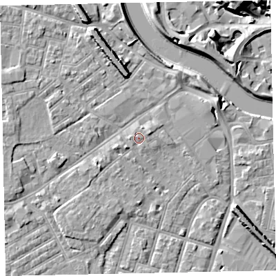 Shaded relief map of the ground around EX29DP, computed from Environment Agency LiDAR. The ground here sits at about 9 m above sea level and falls 20 m across the surrounding 800 m. Surface water reaching this point runs off ground lying to the east-north-east, 1.2 m higher.