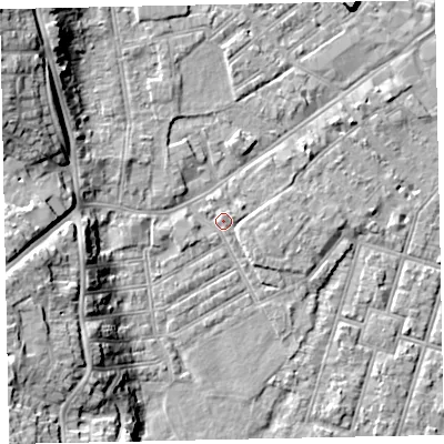 Shaded relief map of the ground around EX29DQ, computed from Environment Agency LiDAR. The ground here sits at about 9 m above sea level and falls 17 m across the surrounding 800 m. Surface water reaching this point runs off ground lying to the north-west, 14.4 m higher.