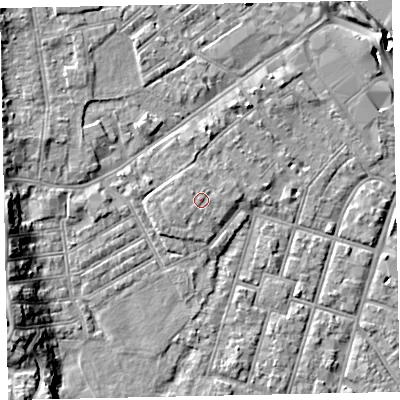 Shaded relief map of the ground around EX29DR, computed from Environment Agency LiDAR. The ground here sits at about 9 m above sea level and falls 13 m across the surrounding 800 m. Surface water reaching this point runs off ground lying to the west-south-west, 0.8 m higher.