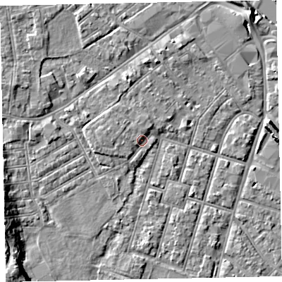 Shaded relief map of the ground around EX29DS, computed from Environment Agency LiDAR. The ground here sits at about 8 m above sea level and falls 12 m across the surrounding 800 m. Surface water reaching this point runs off ground lying to the west, 1.9 m higher.