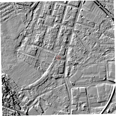 Shaded relief map of the ground around EX29DT, computed from Environment Agency LiDAR. The ground here sits at about 8 m above sea level and falls 18 m across the surrounding 800 m. Surface water reaching this point runs off ground lying to the south-south-west, 1.3 m higher.