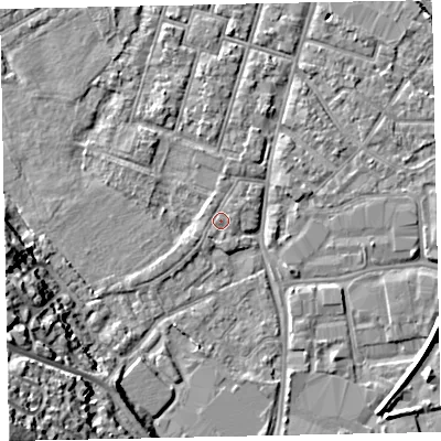 Shaded relief map of the ground around EX29DU, computed from Environment Agency LiDAR. The ground here sits at about 8 m above sea level and falls 26 m across the surrounding 800 m. Surface water reaching this point runs off ground lying to the south-west, 0.7 m higher.