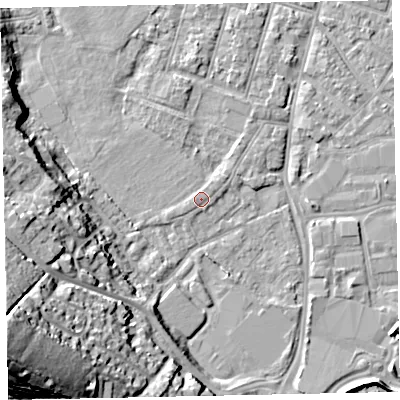Shaded relief map of the ground around EX29DX, computed from Environment Agency LiDAR. The ground here sits at about 8 m above sea level and falls 34 m across the surrounding 800 m. Surface water reaching this point runs off ground lying to the west, 15.8 m higher.