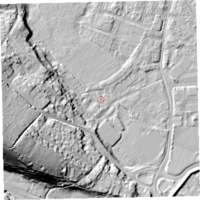 Shaded relief map of the ground around EX29DY, computed from Environment Agency LiDAR. The ground here sits at about 8 m above sea level and falls 38 m across the surrounding 800 m. Surface water reaching this point runs off ground lying to the west-south-west, 37.0 m higher.