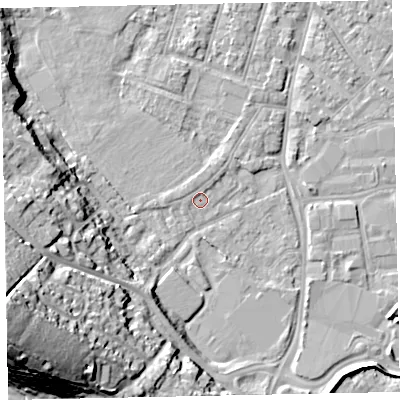 Shaded relief map of the ground around EX29DZ, computed from Environment Agency LiDAR. The ground here sits at about 7 m above sea level and falls 33 m across the surrounding 800 m. Surface water reaching this point runs off ground lying to the north-north-west, 1.2 m higher.