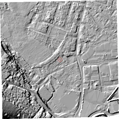 Shaded relief map of the ground around EX29EA, computed from Environment Agency LiDAR. The ground here sits at about 7 m above sea level and falls 29 m across the surrounding 800 m. Surface water reaching this point runs off ground lying to the west, 1.3 m higher.