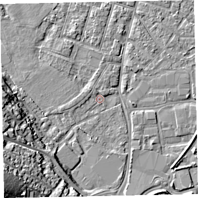 Shaded relief map of the ground around EX29EB, computed from Environment Agency LiDAR. The ground here sits at about 7 m above sea level and falls 27 m across the surrounding 800 m. Surface water reaching this point runs off ground lying to the west, 1.3 m higher.
