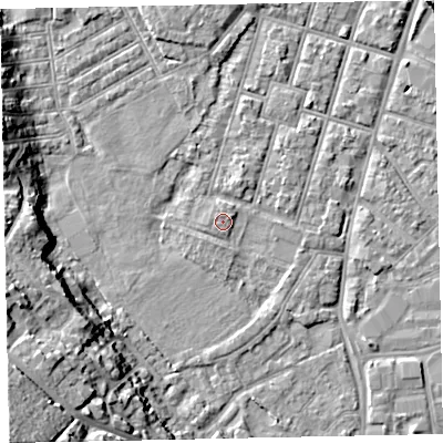 Shaded relief map of the ground around EX29ED, computed from Environment Agency LiDAR. The ground here sits at about 8 m above sea level and falls 31 m across the surrounding 800 m. Surface water reaching this point runs off ground lying to the west-south-west, 16.5 m higher.
