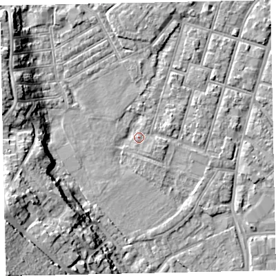 Shaded relief map of the ground around EX29EE, computed from Environment Agency LiDAR. The ground here sits at about 8 m above sea level and falls 33 m across the surrounding 800 m. Surface water reaching this point runs off ground lying to the west-south-west, 15.8 m higher.