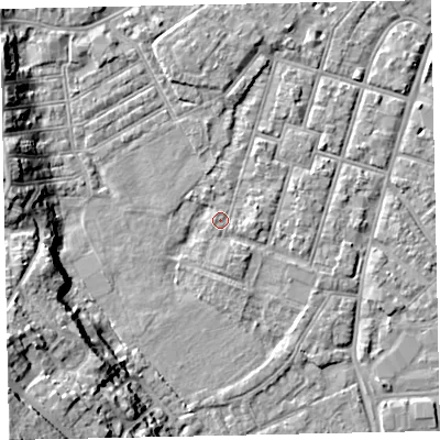 Shaded relief map of the ground around EX29EF, computed from Environment Agency LiDAR. The ground here sits at about 8 m above sea level and falls 26 m across the surrounding 800 m. Surface water reaching this point runs off ground lying to the west-south-west, 13.4 m higher.