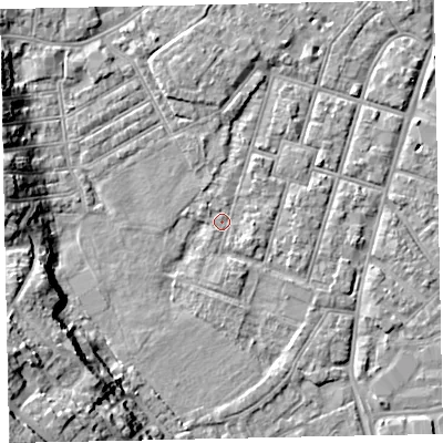 Shaded relief map of the ground around EX29EG, computed from Environment Agency LiDAR. The ground here sits at about 8 m above sea level and falls 22 m across the surrounding 800 m. Surface water reaching this point runs off ground lying to the west-south-west, 12.5 m higher.