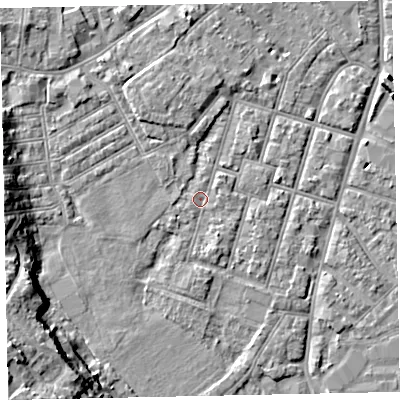 Shaded relief map of the ground around EX29EH, computed from Environment Agency LiDAR. The ground here sits at about 7 m above sea level and falls 17 m across the surrounding 800 m. Surface water reaching this point runs off ground lying to the south-south-east, 1.7 m higher.