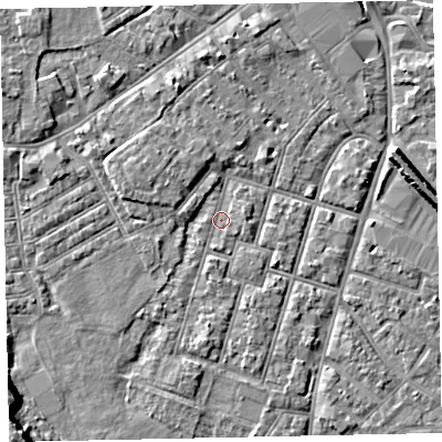 Shaded relief map of the ground around EX29EJ, computed from Environment Agency LiDAR. The ground here sits at about 7 m above sea level and falls 12 m across the surrounding 800 m. Surface water reaching this point runs off ground lying to the east, 1.0 m higher.
