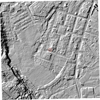 Shaded relief map of the ground around EX29EL, computed from Environment Agency LiDAR. The ground here sits at about 8 m above sea level and falls 24 m across the surrounding 800 m. Surface water reaching this point runs off ground lying to the south-west, 16.4 m higher.