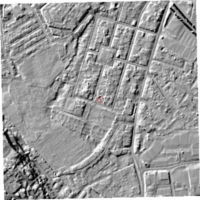 Shaded relief map of the ground around EX29EN, computed from Environment Agency LiDAR. The ground here sits at about 7 m above sea level and falls 19 m across the surrounding 800 m. Surface water reaching this point runs off ground lying to the south-west, 14.8 m higher.