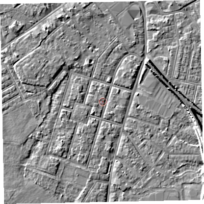 Shaded relief map of the ground around EX29EP, computed from Environment Agency LiDAR. The ground here sits at about 7 m above sea level and falls 7 m across the surrounding 800 m. Surface water reaching this point runs off ground lying to the south-west, 1.4 m higher.