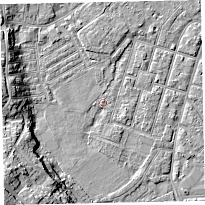 Shaded relief map of the ground around EX29EQ, computed from Environment Agency LiDAR. The ground here sits at about 8 m above sea level and falls 24 m across the surrounding 800 m. Surface water reaching this point runs off ground lying to the west-south-west, 15.5 m higher.