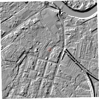 Shaded relief map of the ground around EX29ER, computed from Environment Agency LiDAR. The ground here sits at about 7 m above sea level and falls 9 m across the surrounding 800 m. Surface water reaching this point runs off ground lying to the west-south-west, 1.1 m higher.
