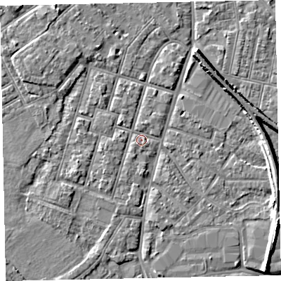 Shaded relief map of the ground around EX29ES, computed from Environment Agency LiDAR. The ground here sits at about 8 m above sea level and falls 8 m across the surrounding 800 m. Surface water reaching this point runs off ground lying to the west-south-west, 2.2 m higher.