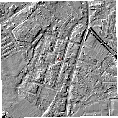 Shaded relief map of the ground around EX29ET, computed from Environment Agency LiDAR. The ground here sits at about 7 m above sea level and falls 7 m across the surrounding 800 m. Surface water reaching this point runs off ground lying to the south-west, 2.2 m higher.