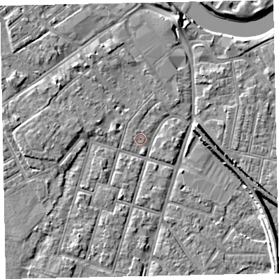 Shaded relief map of the ground around EX29EU, computed from Environment Agency LiDAR. The ground here sits at about 7 m above sea level and falls 8 m across the surrounding 800 m. Surface water reaching this point runs off ground lying to the south-south-east, 0.6 m higher.