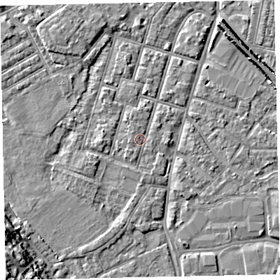 Shaded relief map of the ground around EX29EW, computed from Environment Agency LiDAR. The ground here sits at about 8 m above sea level and falls 15 m across the surrounding 800 m. Surface water reaching this point runs off ground lying to the south-west, 1.0 m higher.