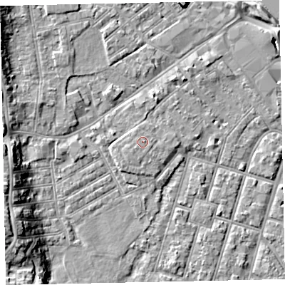 Shaded relief map of the ground around EX29EY, computed from Environment Agency LiDAR. The ground here sits at about 9 m above sea level and falls 13 m across the surrounding 800 m. Surface water reaching this point runs off ground lying to the south-west, 0.6 m higher.