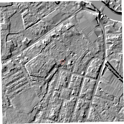 Shaded relief map of the ground around EX29FA, computed from Environment Agency LiDAR. The ground here sits at about 8 m above sea level and falls 9 m across the surrounding 800 m. Surface water reaching this point runs off ground lying to the west, 1.1 m higher.