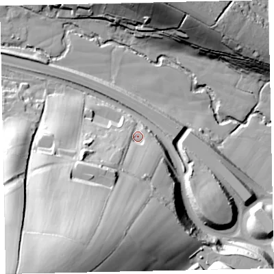 Shaded relief map of the ground around EX29FB, computed from Environment Agency LiDAR. The ground here sits at about 26 m above sea level and falls 71 m across the surrounding 800 m. Surface water reaching this point runs off ground lying to the south-south-west, 54.6 m higher.