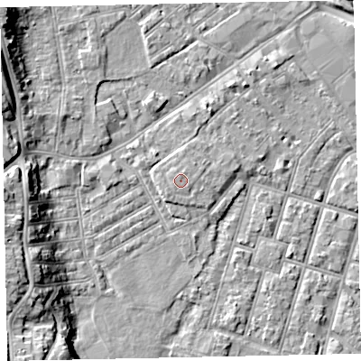 Shaded relief map of the ground around EX29FD, computed from Environment Agency LiDAR. The ground here sits at about 9 m above sea level and falls 13 m across the surrounding 800 m. The ground contributing surface water to this point lies to the north.