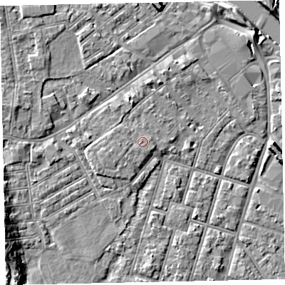 Shaded relief map of the ground around EX29FG, computed from Environment Agency LiDAR. The ground here sits at about 9 m above sea level and falls 11 m across the surrounding 800 m. Surface water reaching this point runs off ground lying to the west-south-west, 0.9 m higher.
