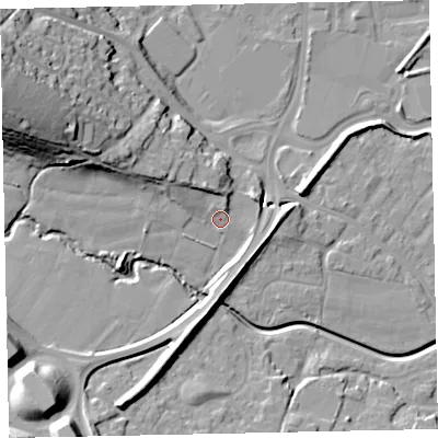 Shaded relief map of the ground around EX29JA, computed from Environment Agency LiDAR. The ground here sits at about 12 m above sea level and falls 31 m across the surrounding 800 m. Surface water reaching this point runs off ground lying to the north-west, 6.0 m higher.