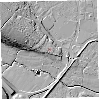Shaded relief map of the ground around EX29JB, computed from Environment Agency LiDAR. The ground here sits at about 17 m above sea level and falls 36 m across the surrounding 800 m. Surface water reaching this point runs off ground lying to the west-north-west, 3.3 m higher.