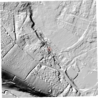 Shaded relief map of the ground around EX29JL, computed from Environment Agency LiDAR. The ground here sits at about 10 m above sea level and falls 49 m across the surrounding 800 m. Surface water reaching this point runs off ground lying to the west-south-west, 14.2 m higher.