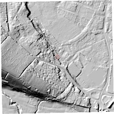 Shaded relief map of the ground around EX29JS, computed from Environment Agency LiDAR. The ground here sits at about 10 m above sea level and falls 44 m across the surrounding 800 m. Surface water reaching this point runs off ground lying to the west-south-west, 8.4 m higher.