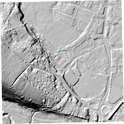 Shaded relief map of the ground around EX29JT, computed from Environment Agency LiDAR. The ground here sits at about 8 m above sea level and falls 40 m across the surrounding 800 m. Surface water reaching this point runs off ground lying to the west-south-west, 10.0 m higher.