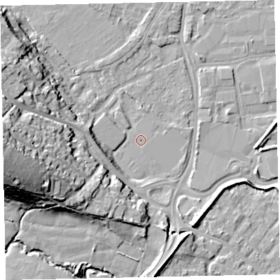Shaded relief map of the ground around EX29JU, computed from Environment Agency LiDAR. The ground here sits at about 7 m above sea level and falls 30 m across the surrounding 800 m. The ground contributing surface water to this point lies to the south-south-east.