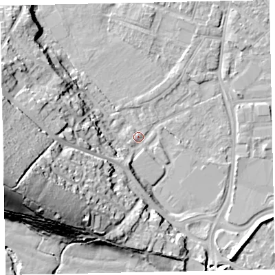 Shaded relief map of the ground around EX29JX, computed from Environment Agency LiDAR. The ground here sits at about 8 m above sea level and falls 38 m across the surrounding 800 m. Surface water reaching this point runs off ground lying to the west, 11.0 m higher.