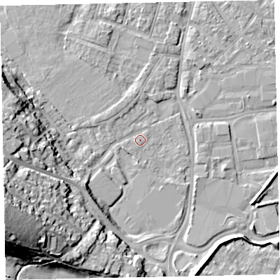 Shaded relief map of the ground around EX29JZ, computed from Environment Agency LiDAR. The ground here sits at about 7 m above sea level and falls 29 m across the surrounding 800 m. Surface water reaching this point runs off ground lying to the west-south-west, 18.6 m higher.