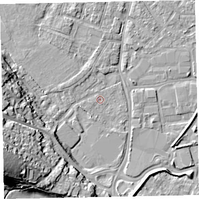 Shaded relief map of the ground around EX29LA, computed from Environment Agency LiDAR. The ground here sits at about 7 m above sea level and falls 27 m across the surrounding 800 m. Surface water reaching this point runs off ground lying to the west-south-west, 16.3 m higher.