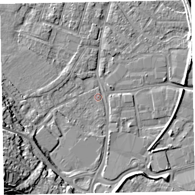 Shaded relief map of the ground around EX29LB, computed from Environment Agency LiDAR. The ground here sits at about 7 m above sea level and falls 22 m across the surrounding 800 m. Surface water reaching this point runs off ground lying to the south-west, 20.5 m higher.