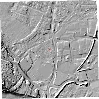 Shaded relief map of the ground around EX29LD, computed from Environment Agency LiDAR. The ground here sits at about 7 m above sea level and falls 22 m across the surrounding 800 m. Surface water reaching this point runs off ground lying to the west, 11.1 m higher.