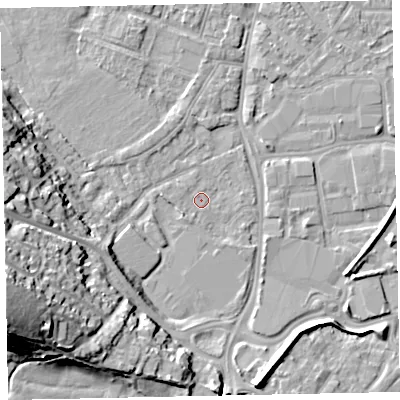 Shaded relief map of the ground around EX29LE, computed from Environment Agency LiDAR. The ground here sits at about 7 m above sea level and falls 27 m across the surrounding 800 m. Surface water reaching this point runs off ground lying to the south-west, 1.5 m higher.