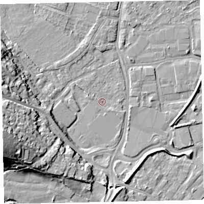 Shaded relief map of the ground around EX29LF, computed from Environment Agency LiDAR. The ground here sits at about 7 m above sea level and falls 26 m across the surrounding 800 m. Surface water reaching this point runs off ground lying to the west-north-west, 1.2 m higher.