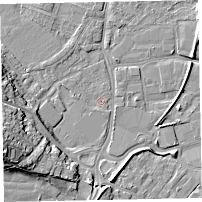 Shaded relief map of the ground around EX29LG, computed from Environment Agency LiDAR. The ground here sits at about 7 m above sea level and falls 22 m across the surrounding 800 m. Surface water reaching this point runs off ground lying to the south-south-west, 1.0 m higher.
