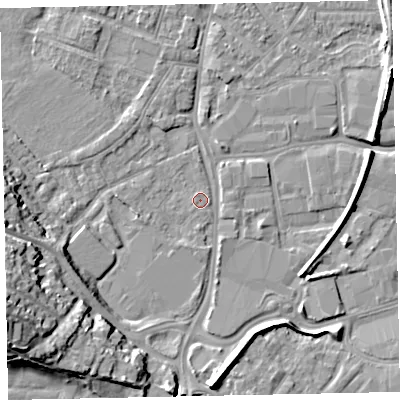 Shaded relief map of the ground around EX29LQ, computed from Environment Agency LiDAR. The ground here sits at about 7 m above sea level and falls 20 m across the surrounding 800 m. Surface water reaching this point runs off ground lying to the west-south-west, 19.1 m higher.