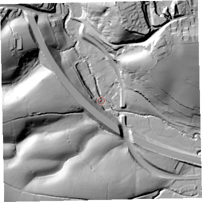 Shaded relief map of the ground around EX29QU, computed from Environment Agency LiDAR. The ground here sits at about 25 m above sea level and falls 64 m across the surrounding 800 m. Surface water reaching this point runs off ground lying to the west-north-west, 48.2 m higher.
