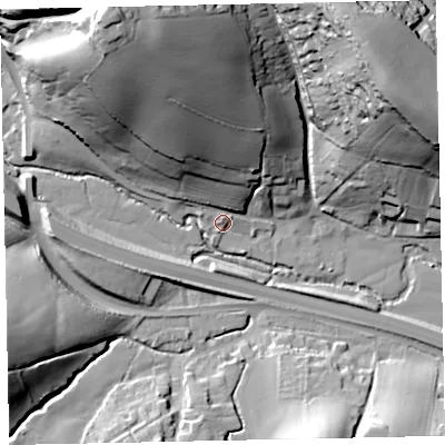 Shaded relief map of the ground around EX29RF, computed from Environment Agency LiDAR. The ground here sits at about 22 m above sea level and falls 58 m across the surrounding 800 m. Surface water reaching this point runs off ground lying to the north-north-west, 49.5 m higher.